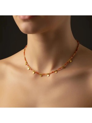 G&A Jewels Doğal Karnelyan Boncuklu Kolye | Zarif 925 Ayar Gümüş & Altın Kaplama Charm'lı | Kadınlar İçin Doğal Taş Takı, Hediye