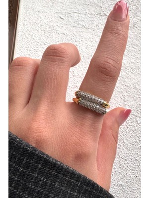 Leo'Stone V.ı.p Çift Renk Seri Aurora Ikili Sıra Zirkon Taşlı Tasarım Ayarlanabilir Çelik Yüzük