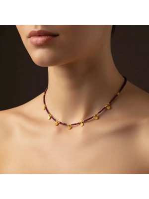 G&A Jewels Doğal Garnet (Lal Taşı) Boncuklu Kolye | Zarif 925 Ayar Gümüş & Altın Kaplama Charm'lı | Kadınlar İçin Doğal Taş Takı, Hediye