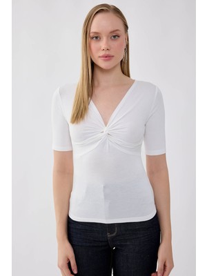 Vitrin V Yaka Önü Büzgülü Kısa Kol Bluz