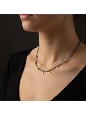 G&A Jewels Doğal Sodalit Boncuklu Kolye | Zarif 925 Ayar Gümüş & Altın Kaplama Charm'lı | Kadınlar İçin Doğal Taş Takı, Hediye