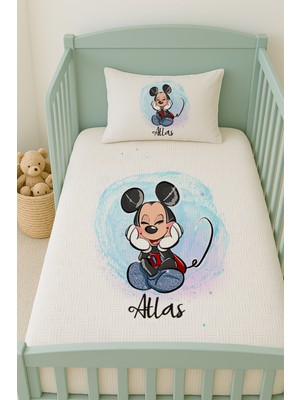 Lilabio %100 Pamuk Isme Özel Isimli 100X150 cm Pike Seti Mutlu Mickey