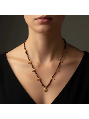 G&A Jewels El Yapımı Kaplan Gözü Taşlı Kolye - 925 Ayar Gümüş Altın Kaplama Charm Detaylı