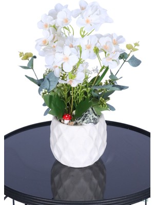 Yapay Çiçek Sitesi Beton Saksıda Yapay Şeftali Çiçeği Tanzimi Beyaz