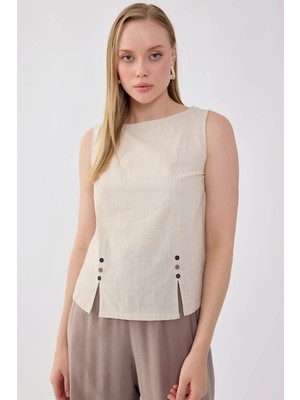 Vitrin Sıfır Kol Düğmeli Keten Bluz