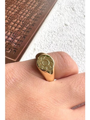 Leo'Stone Gold Güneş Figürlü Plaka Tasarım Ayarlanabilir Çelik Serçe Parmak Yüzüğü