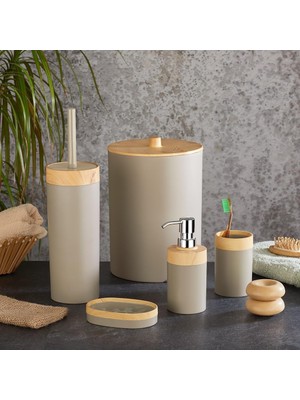 Aesco 5 Parça Lüx Bambu Görünümlü Banyo Seti | 10 Litre Çöp Kovası ve Antibakteriyel Tuvalet Fırçası (Krem)