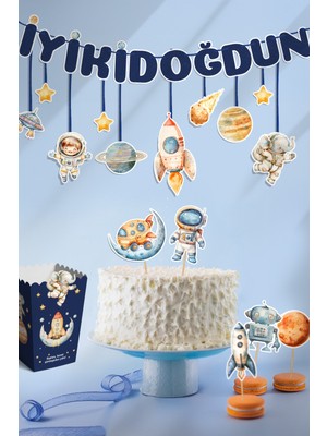Msticker Astronotlar ve Uzay Figürleri Temalı Doğum Günü Konsepti Süsleme Seti , Cupcake Süsü Flama Etiket