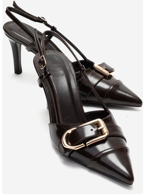 Luvi Noen Kahverengi Cilt Tokalı Sivri Burun Kadın Topuklu Ayakkabı