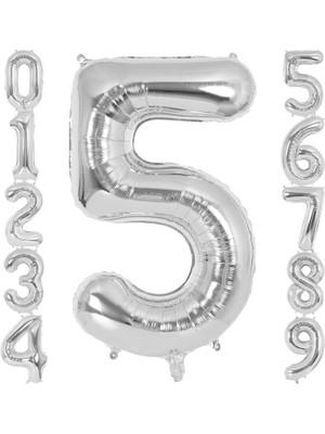 Aesco Xesha 5 Rakamı Doğum Günü Balonu Yaş Günü Gümüş Renk Uçan Balon 102 cm Doğum Günü ve Parti Dekorasyonu Büyük Boy Folyo Helyum Uçan Balon Yaş 5 Sayısı
