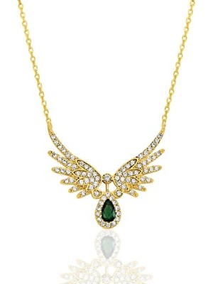 Bilsen Store Kadın 925 Ayar Gümüş Zincirli Altın Kaplama Beyaz Zümrüt Taşlı Kanatlı Melek Model Kolye