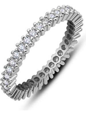 Nereze 925 Ayar Gümüş Zirkon Taşlı Gümüş Renk Tek Sıra Tamtur Kadın Gümüş Yüzük