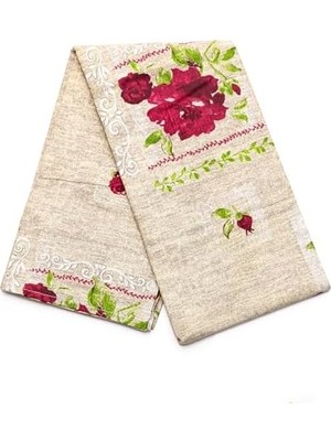 Aesco Kırmızı Gül Desenli Bej Pamuklu Masa Örtüsü