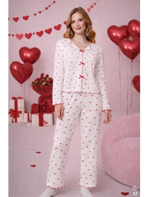 Koza İç Giyim Kadın Pamuklu Çıtır Çiçek Desenli Baby Overloklu Fiyonklu Uzun Kollu Pijama Takımı