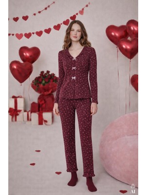 Koza İç Giyim Kadın Pamuklu Çıtır Çiçek Desenli Baby Overloklu Fiyonklu Uzun Kollu Pijama Takımı