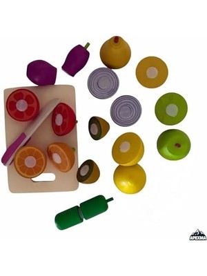 Aesco Kasalı Kesilen Ahşap Sebze Meyve Seti 23 Parça - Cırtlı Kesilebilen Ahşap Meyve Sebze