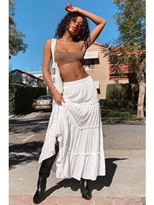 Madmext Beyaz Basic Pileli Kadın Uzun Etek