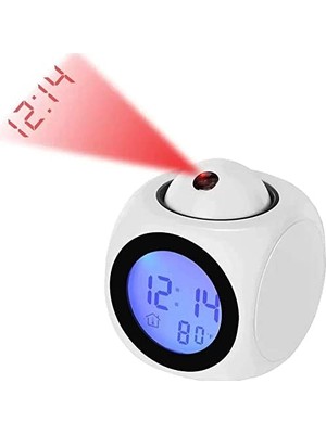Aesco Duvara Yansıtmalı Projeksiyon Dijital Ingilizce Konuşan USB Şarjlı ve Pilli Alarmlı Yatak Başucu Uyandırma Servisi Masa Saati Çalar Saat (Beyaz)