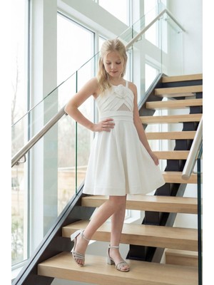 Kız Çocuk Krem Krep Askılı  Transparan Tül Detaylı Çıkarılabilir Gül Tokalı Abiye Elbise 7-16 Yaş