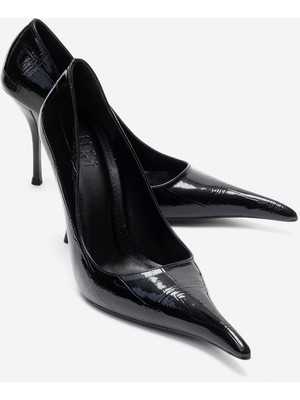 Luvi Luce Siyah Baskılı Sivri Burunlu Kadın Topuklu Ayakkabı