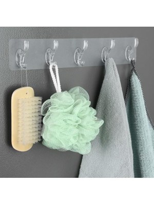 Aesco 2 Adet Kendinden Yapışkanlı 5 Kancalı Askı Seti | Duvara Delmeden Montaj, Şeffaf ve Güçlü Yapışkanlı Çok Amaçlı Organizer | Banyo, Mutfak ve Kapı Arkası Için (35X7 Cm)