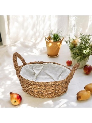 Aesco El Yapımı Doğal Hasır Kulplu Çok Amaçlı Dekoratif Yuvarlak Sepet, Hasır Kulplu Ekmek Sepeti (27X8CM)