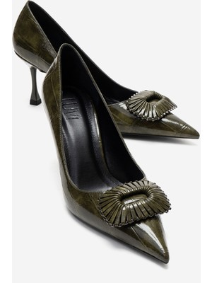 Luvi Rebel Yeşil Baskılı Tokalı Kadın Topuklu Ayakkabı