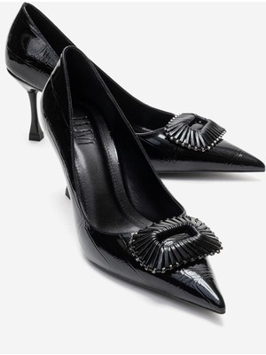 Luvi Rebel Siyah Baskılı Tokalı Kadın Topuklu Ayakkabı