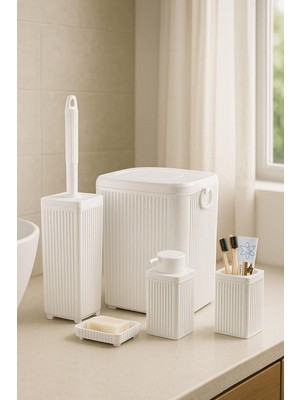 Aesco Serisi Beyaz Banyo Seti, 5 Parça Akrilik Kare 5 Litre Çöp Kovası, Sabunluk, Fırçalık Takımı 34 Beyaz