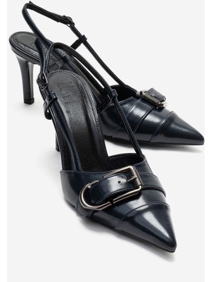 Luvi Noen Lacivert Cilt Tokalı Sivri Burun Kadın Topuklu Ayakkabı