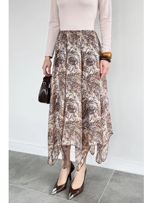 Gülseli Kadın Bel Lastikli Iç Astarlı Asimetrik Kesim Desenli Etek P-00020409