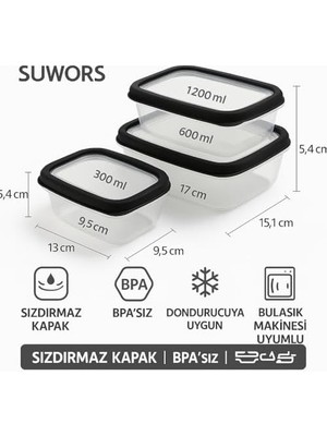 Aesco 3’lü Sızdırmaz Saklama Kabı Seti (300ML + 600ML + 1200ML) | Şeffaf Plastik, Kapaklı, Buzdolabı, Yemek ve Mutfak Düzenleyici Saklama Kutusu