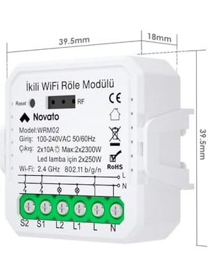 Aesco Uyumlu Akıllı Anahtar Modülü, Çift Çıkışlı, Anahtar Girişli, 2X10A - 220V Röle, Asistan ve Alexa Destekli