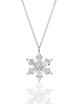 Bilsen Store 925 Ayar Gümüş Zincirli Damla Beyaz Taşlı Lotus Kamelya Çiçeği Kolye