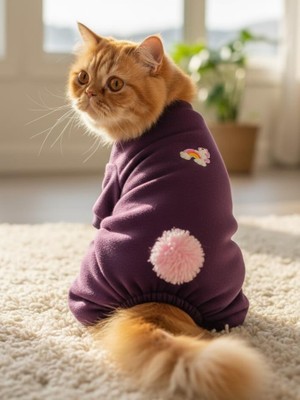 Kemique Ponpon Detaylı Kedi Tulumu | Şardonlu Polar Kumaş | Mor Renk
