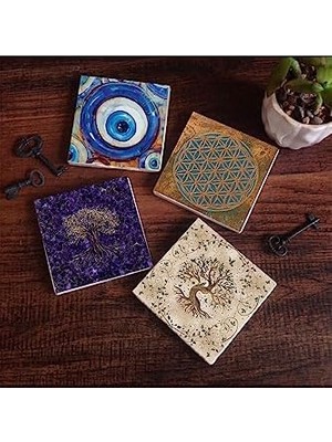Aesco Nazar, Yaşam Çiçeği, Hayat Ağacı Taş Bardak Altlığı Seti - 4 Parça - Dekoratif, Rustik Mutfak Aksesuarı, 10X10 Cm, Kaydırmaz Tabanlı, Şık ve Dayanıklı SC466