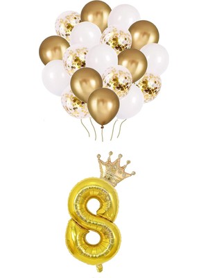 Aesco 8 Rakam Folyo Balon, Kral Tacı ve Konfetili Balon