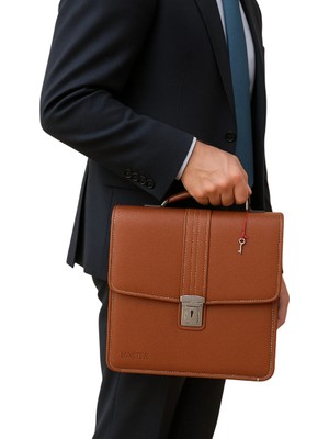 Çantachım Dikey Deri Evrak Çantası Anahtar Kilitli A4 Uyumlu