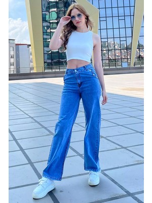 Gülseli Cep Düğme Detaylı Kadın Yüksek Bel Likralı Palazzo Jean Kot Pantolon P-00011174