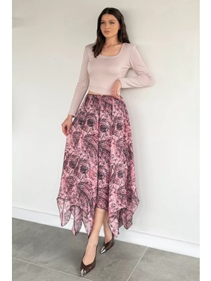 Gülseli Kadın Bel Lastikli Iç Astarlı Asimetrik Kesim Desenli Etek P-00020409