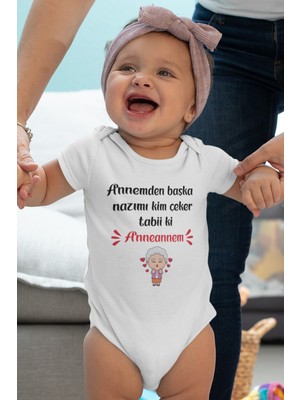 Overoz Anneanne Baskılı Kısa Kollu Beyaz Bebek Body Zıbın 5416