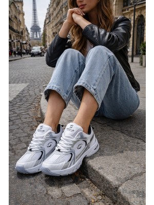 INFINITE Unisex Triko Sneaker Spor Ayakkabı Beyaz - Gümüş Suni Deri Hafif Taban Modeli