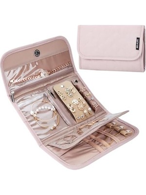 Aesco Belalıfe Seyahat Takı Kutusu Düzenleyici, Küpeler, Kolyeler, Yüzükler, Bilezikler, Broşlar, Pembe Için Katlanabilir Takı Saklama Rulosu