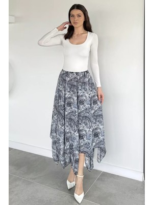 Gülseli Kadın Bel Lastikli Iç Astarlı Asimetrik Kesim Desenli Etek P-00020409