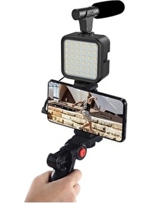 Hobimtek Profesyonel Vlogging Seti Video Kiti Kumandalı Tripod Mikrofon LED Işık Telefon Tutucu