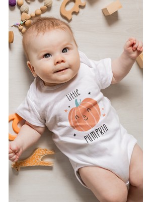Overoz Little Pumpkin Balkabağı Baskılı Kısa Kollu Beyaz Bebek Body Zıbın 5540
