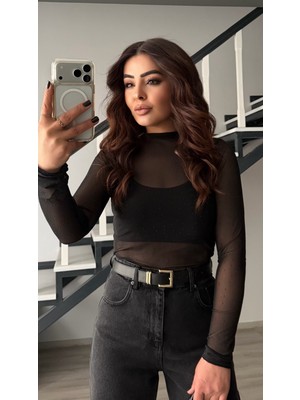 Elisin Taşlı Dik Yaka Tül Bluz