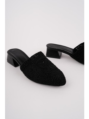 RoseVeno Kadın Siyah Triko Örgülü Topuklu Terlik