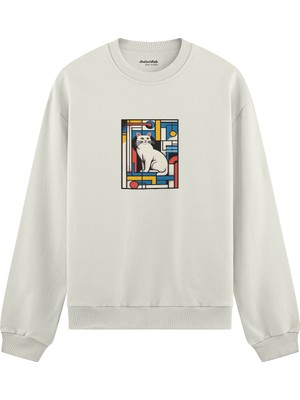The Lucid Lab Bauhaus Cat Oversize Sweatshirt - Beyaz