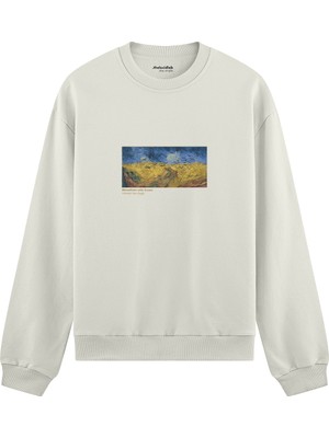 The Lucid Lab Buğday Tarlası ve Kargalar  Oversize Sweatshirt - Beyaz
